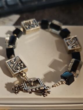 Silvertone Glass Black Beaded Toggle Clasp Bracelet